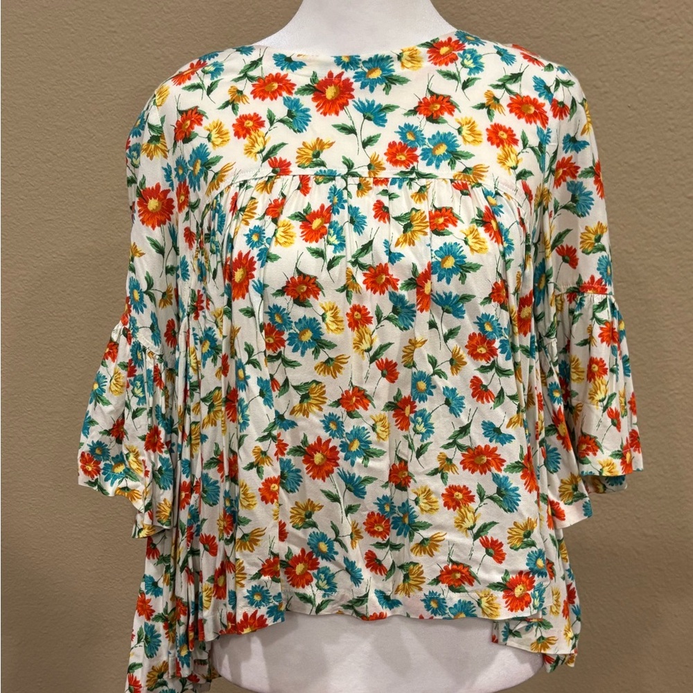 Red and Orange Asymmetrical Blouse with Flutter Sleeves